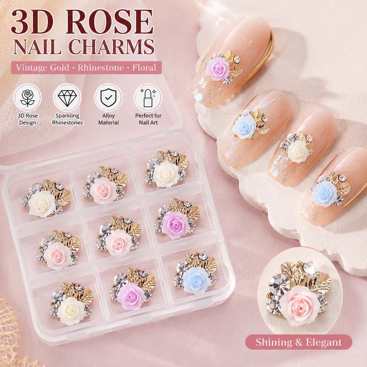 Nail Art Rose Gold - 3D-украшения для ногтей в виде роз,